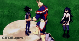 A Group Of Cartoon Characters Are Standing Next To Each Other On A Podium . GIF