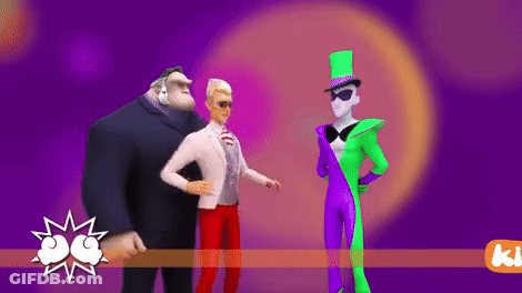 A Group Of Cartoon Characters Are Standing Next To Each Other On A Purple Background GIF