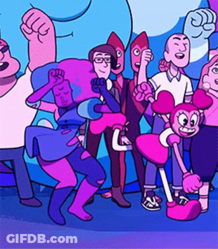 A Group Of Cartoon Characters Are Standing Next To Each Other On A Purple Background . GIF