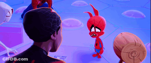 A Group Of Cartoon Characters Are Standing Next To Each Other On A Purple Background . GIF