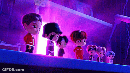 A Group Of Cartoon Characters Are Standing Next To Each Other On A Purple Background . GIF
