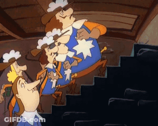A Group Of Cartoon Characters Are Standing Next To Each Other On A Set Of Stairs GIF