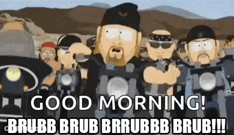 A Group Of Cartoon Characters Are Standing Next To Each Other On Motorcycles And Saying `` Good Morning ! '' GIF