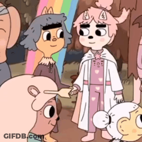 A Group Of Cartoon Characters Are Standing Next To Each Other Shaking Hands . GIF
