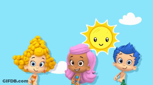 A Group Of Cartoon Characters Are Standing Next To Each Other With A Moon And Sun In The Background GIF