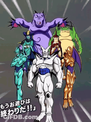 A Group Of Cartoon Characters Are Standing Next To Each Other With A Purple Cat In The Middle GIF
