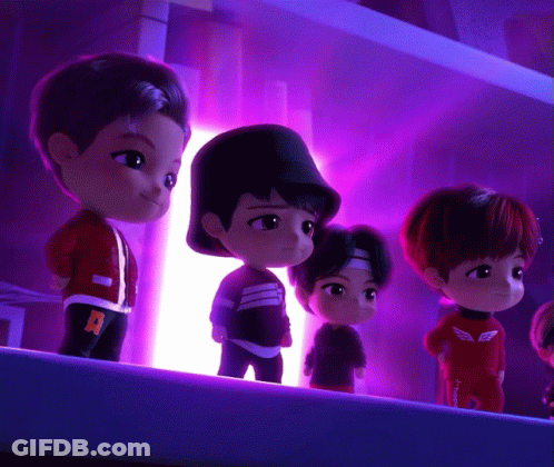 A Group Of Cartoon Characters Are Standing Next To Each Other With One Wearing A Red Jacket With The Letter R On It GIF