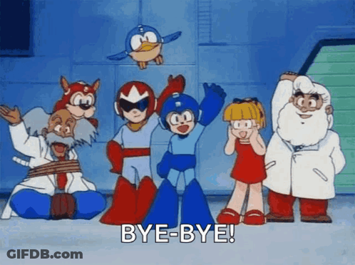 A Group Of Cartoon Characters Are Standing Next To Each Other With The Words `` Bye-Bye '' Written On The Bottom . GIF