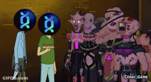 A Group Of Cartoon Characters Are Standing Next To Each Other With The Words Cosmogene On The Bottom Right GIF