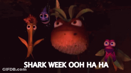 A Group Of Cartoon Characters Are Standing Next To Each Other With The Words Shark Week Ooh Ha Ha On The Bottom GIF