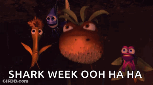 A Group Of Cartoon Characters Are Standing Next To Each Other With The Words Shark Week Ooh Ha Ha Written On The Bottom GIF