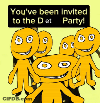 A Group Of Cartoon Characters Are Standing Next To Each Other With The Words " You 'Ve Been Invited To The Det Party " GIF