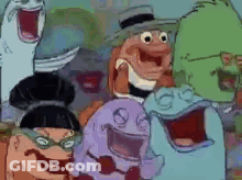 A Group Of Cartoon Characters Are Standing Next To Each Other With Their Mouths Open And Laughing . GIF