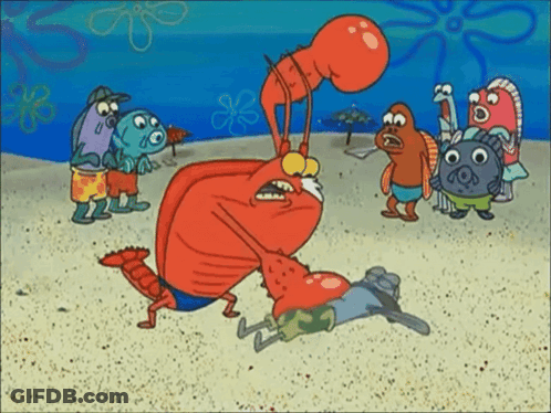 A Group Of Cartoon Characters Are Standing On A Beach Including A Lobster GIF
