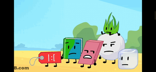A Group Of Cartoon Characters Are Standing On A Beach With A Tag That Says 1 : 1 On It GIF