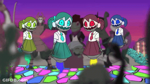 A Group Of Cartoon Characters Are Standing On A Colorful Tiled Floor GIF