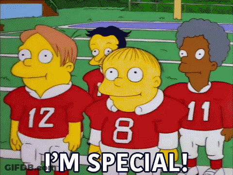 A Group Of Cartoon Characters Are Standing On A Field And One Of Them Says I 'M Special .. GIF