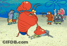 A Group Of Cartoon Characters Are Standing On A Sandy Beach Including A Lobster GIF