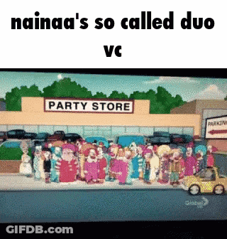 A Group Of Cartoon Characters Are Standing Outside Of A Party Store . GIF