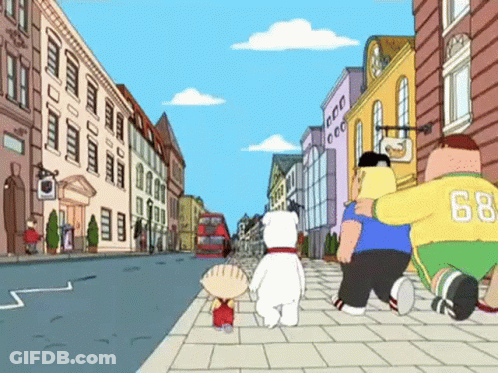 A Group Of Cartoon Characters Are Walking Down A Street And One Of Them Has The Number 88 On His Jersey GIF