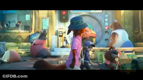 A Group Of Cartoon Characters Are Walking Down A Street In Front Of A Building . GIF