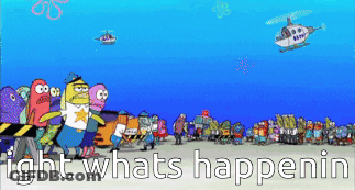 A Group Of Cartoon Characters Are Walking On A Beach With The Words " Fight Whats Happenin " Below Them GIF