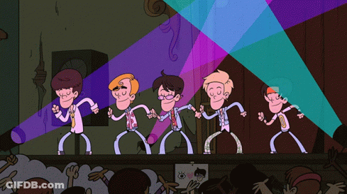 A Group Of Cartoon Characters Dancing On A Stage GIF