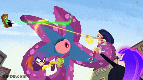 A Group Of Cartoon Characters Fighting A Purple Octopus GIF