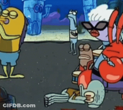 A Group Of Cartoon Characters From Spongebob Squarepants Are Standing Around Each Other GIF
