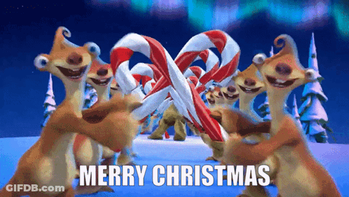 A Group Of Cartoon Characters Holding Candy Canes With The Words Merry Christmas Written Above Them GIF
