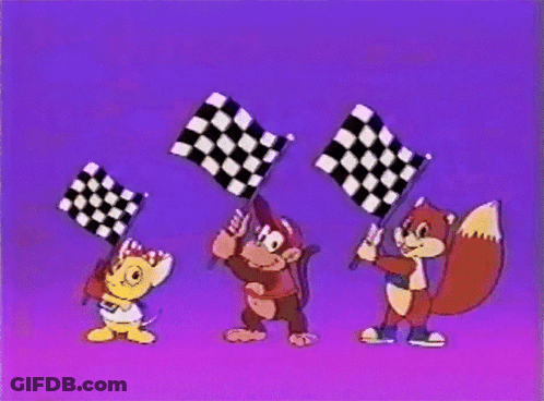 A Group Of Cartoon Characters Holding Checkered Flags GIF