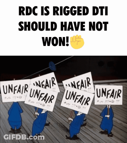 A Group Of Cartoon Characters Holding Signs That Say " Unfair Unfair Unfair " GIF