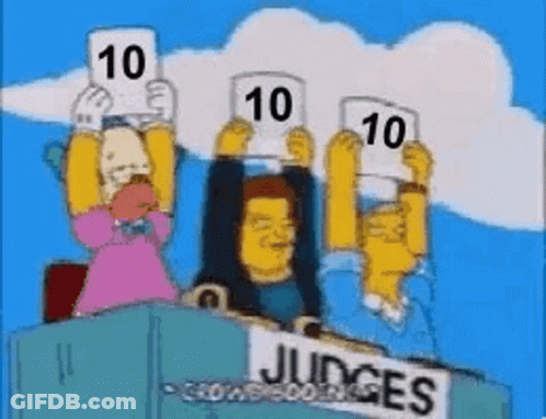 A Group Of Cartoon Characters Holding Up Signs That Say Judges . GIF