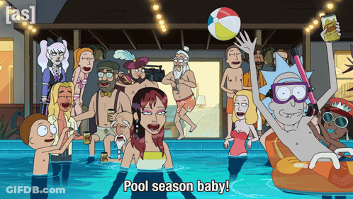 A Group Of Cartoon Characters In A Pool With The Words Pool Season Baby On The Bottom GIF