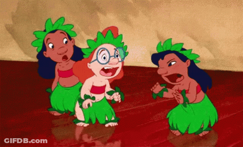A Group Of Cartoon Characters In Green Skirts Are Dancing GIF