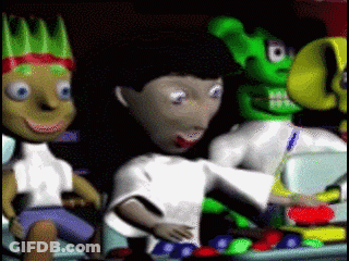 A Group Of Cartoon Characters Including A Girl And A Green Gummy Bear GIF