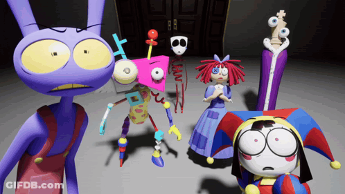 A Group Of Cartoon Characters Including A Jester And A Purple Bunny GIF