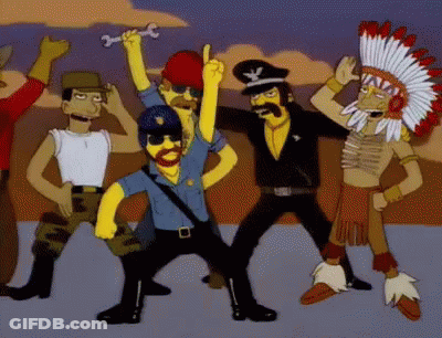 A Group Of Cartoon Characters Including A Police Officer And An Indian GIF