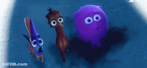 A Group Of Cartoon Characters Including A Seahorse And Jellyfish Are Swimming In The Ocean . GIF