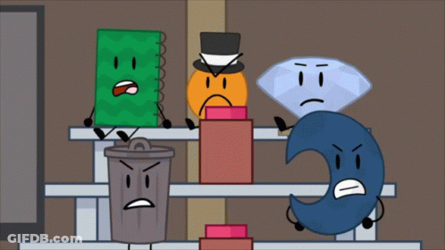 A Group Of Cartoon Characters Including A Trash Can A Diamond And A Crescent Moon GIF