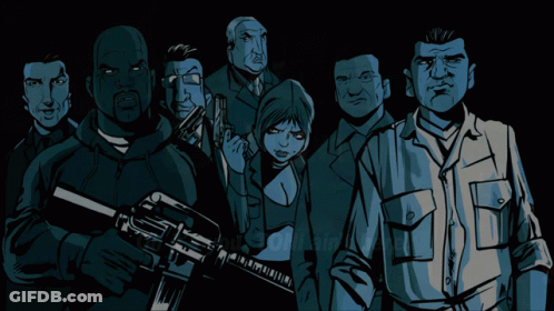 A Group Of Cartoon Characters Including A Woman With A Gun GIF