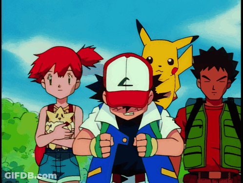 A Group Of Cartoon Characters Including Ash And Misty Standing Next To Each Other GIF