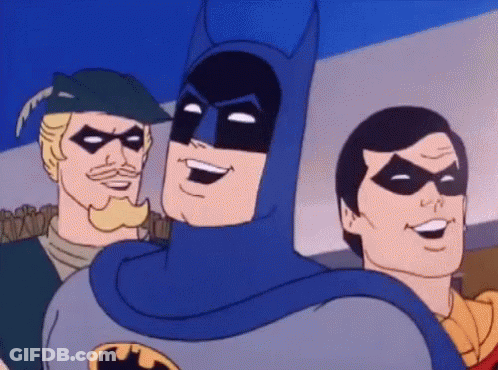 A Group Of Cartoon Characters Including Batman And Robin Smiling GIF