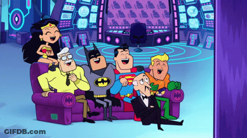 A Group Of Cartoon Characters Including Batman Superman And Aquaman Are Sitting On A Couch GIF