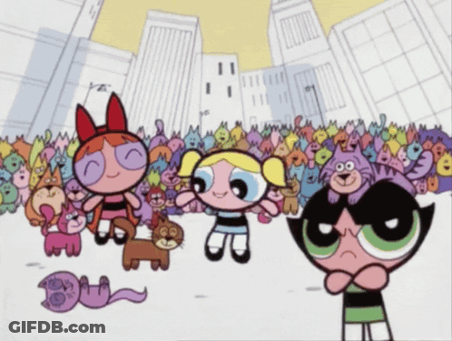 A Group Of Cartoon Characters Including Buttercup Are Standing In Front Of A Crowd GIF