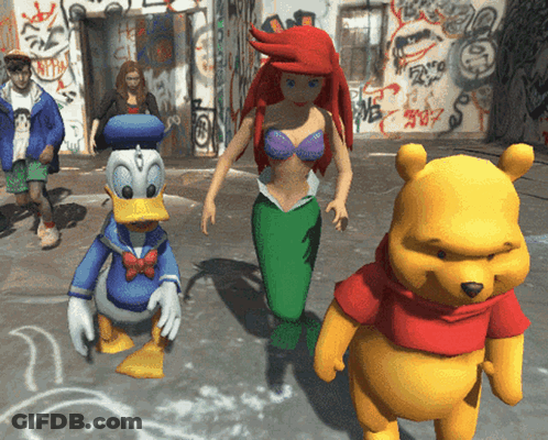 A Group Of Cartoon Characters Including Donald Duck Ariel And Winnie The Pooh Are Walking Down A Street GIF