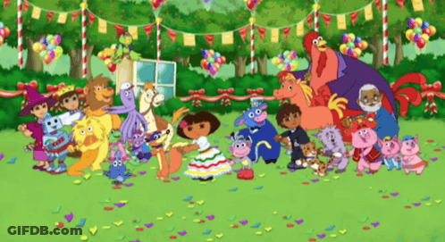 A Group Of Cartoon Characters Including Dora The Explorer Are Gathered Together GIF