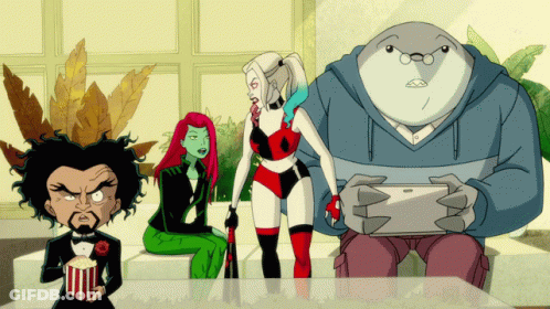 A Group Of Cartoon Characters Including Harley Quinn Ivy And A Shark GIF