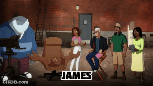 A Group Of Cartoon Characters Including James Are Gathered Around A Man In A Chair GIF