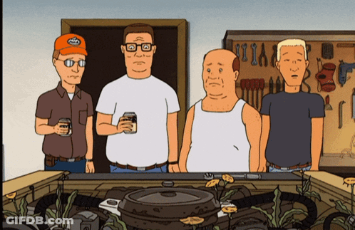 A Group Of Cartoon Characters Including King Of The Hill Stand Around A Car Engine GIF